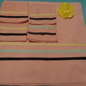 1950S VINTAGE PEACHY SMALL TABLECLOTH W A FEW STRIPES PLUS NAPKINS LOT